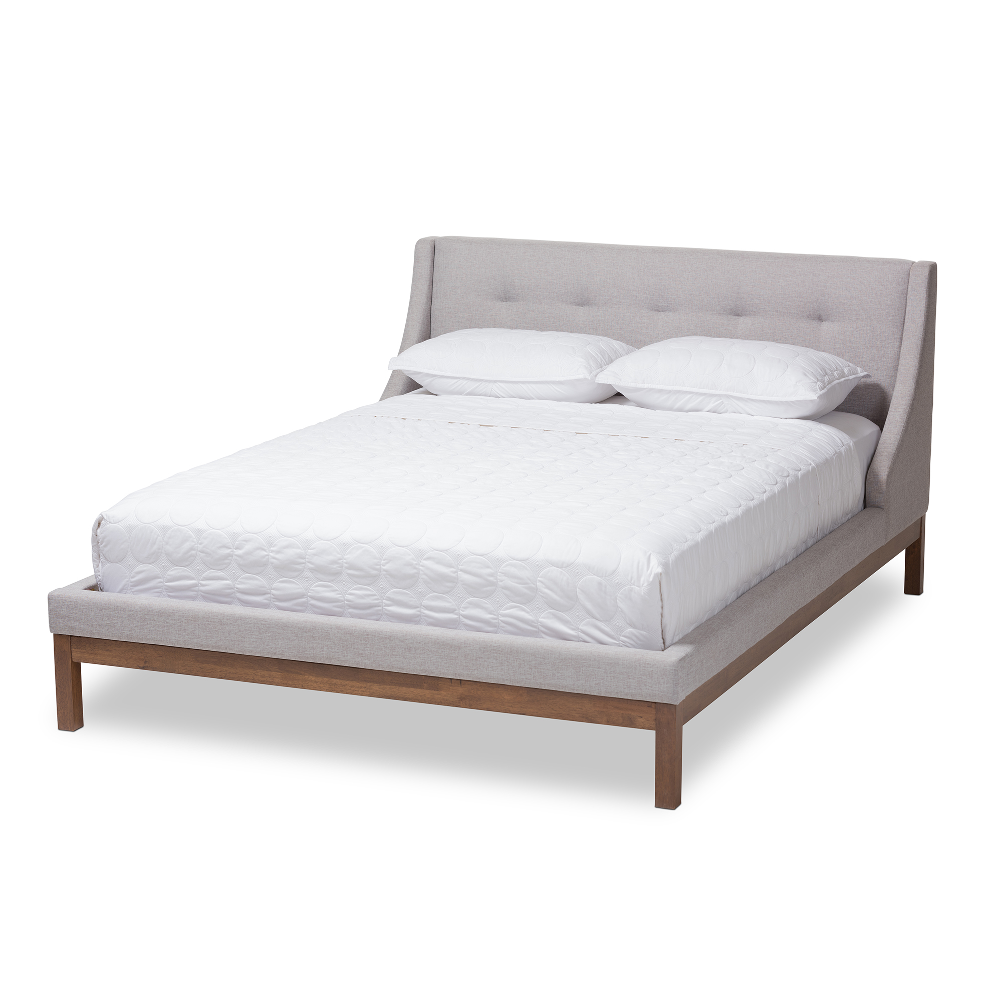 Baxton Studio Louvain Modern and Contemporary Greyish Beige Fabric Upholstered Walnut-Finished Queen Sized Platform Bed